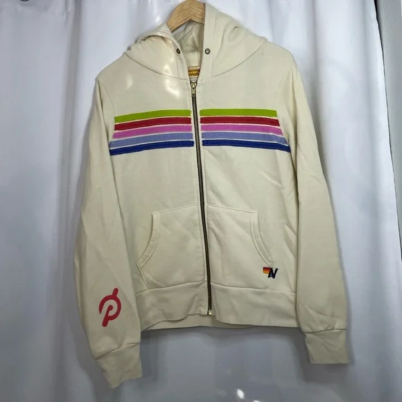 Aviator Nation Cream Zip Hoodie with Rainbow Stripes - Picture 1 of 14